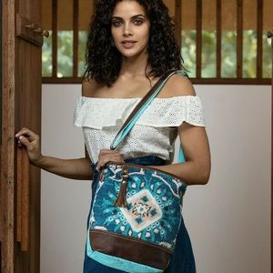 NEW Myra Leather Blue Canvas Shoulder Bag Purse